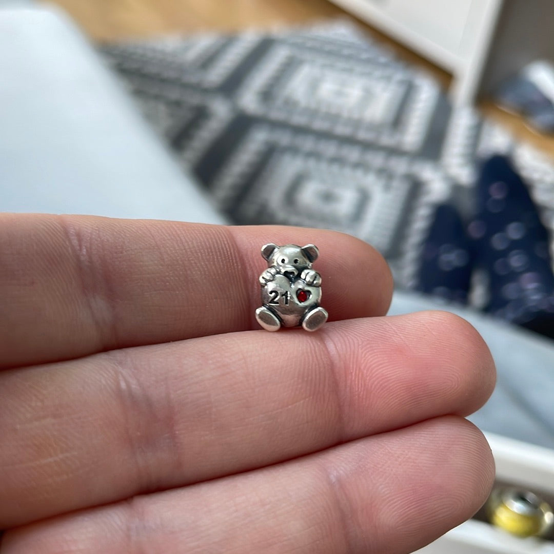 Sterling Silver 21 Birthday Bear Charm Pave Sparkle