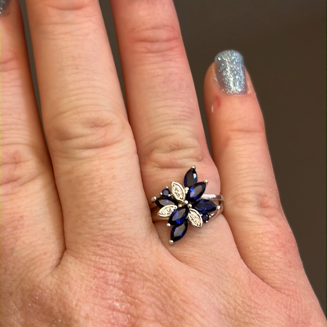 Sterling Silver Pave CZ Blue Bunch of Flowers Ring Size 56