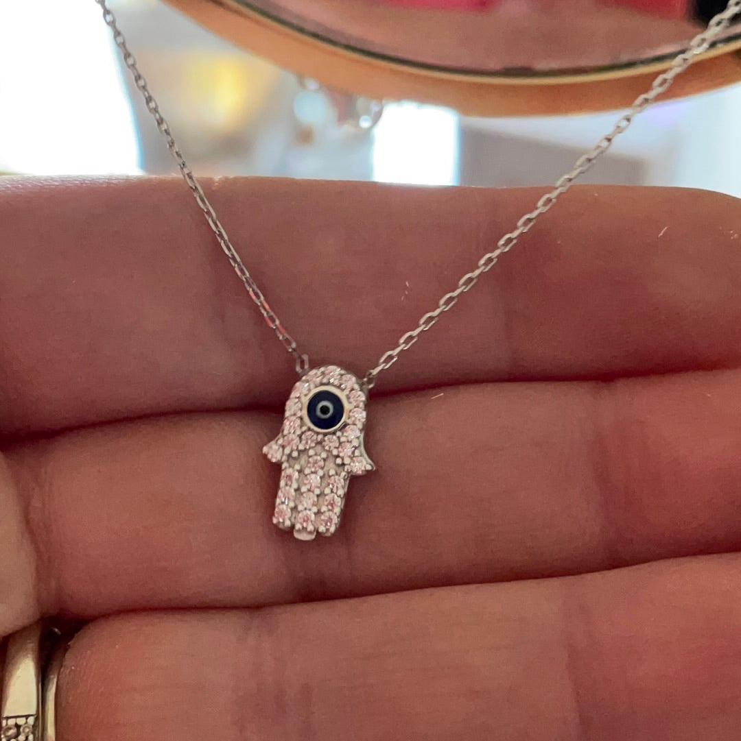 Brand New Pave CZ Small Hamsa Hand Protection Sterling Silver Necklace