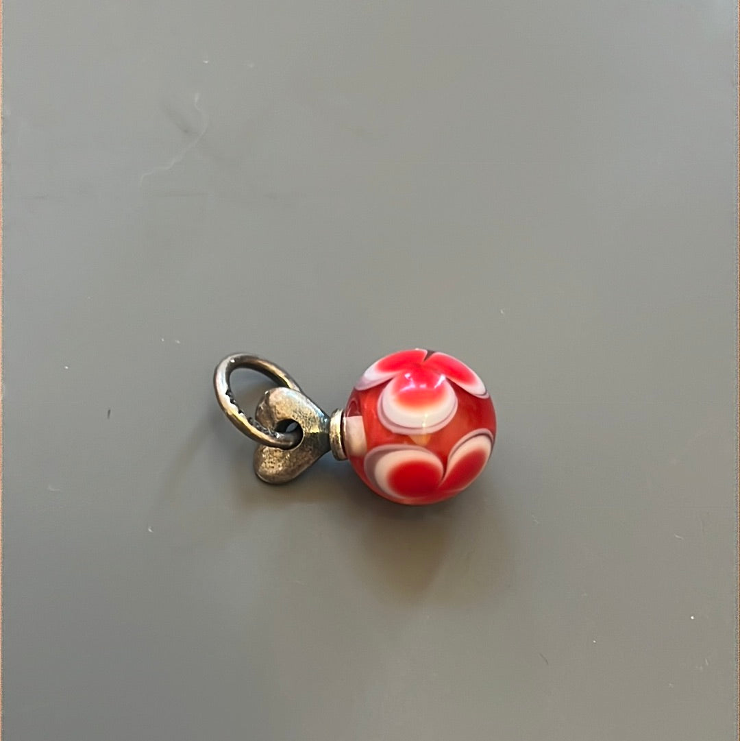 Genuine Trollbeads Hanging Ball Murano Glass Red White Flower Charm
