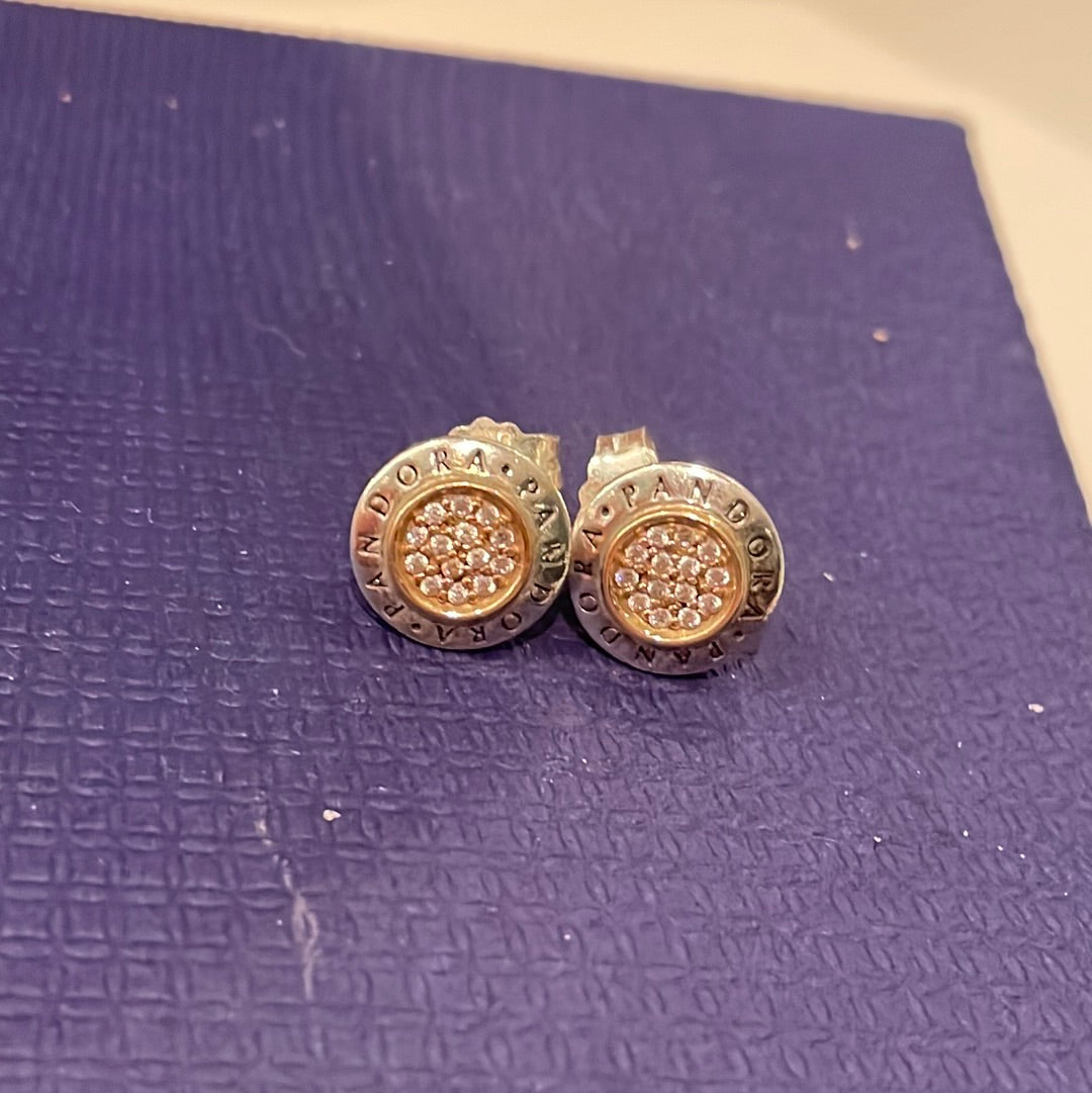 Genuine Pandora Two Tone Pave Pandora Logo Stud Earrings