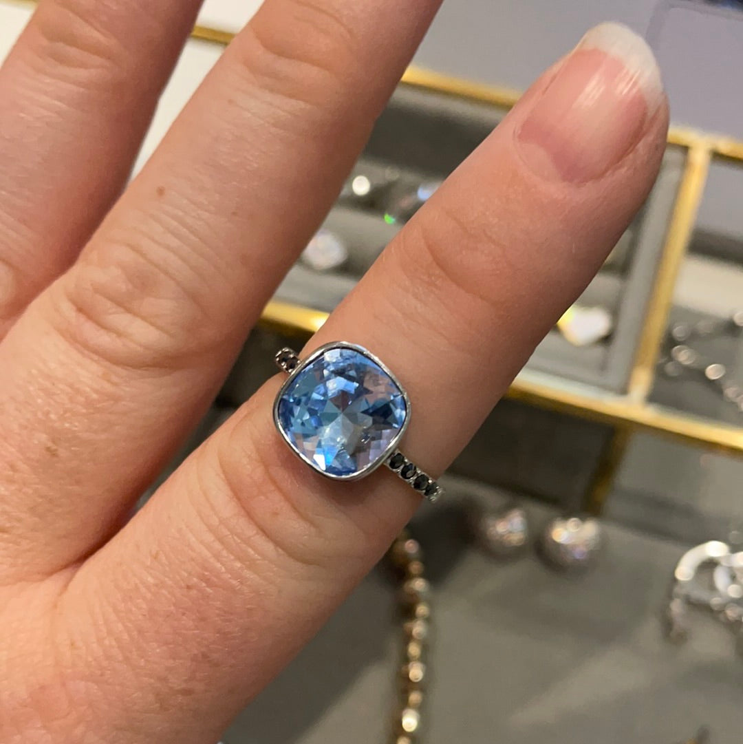 Brand New Sterling Silver Large Baby Blue Square Stone With Navy Pave Band Size 56