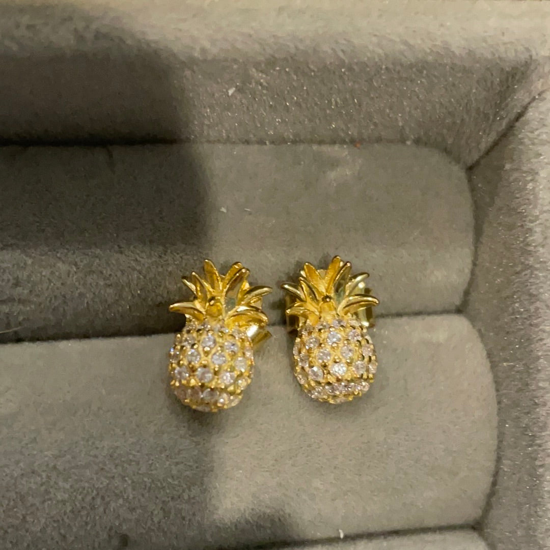 Brand New Sterling Silver Gold Plated Pave Pineapple Earrings Beautiful