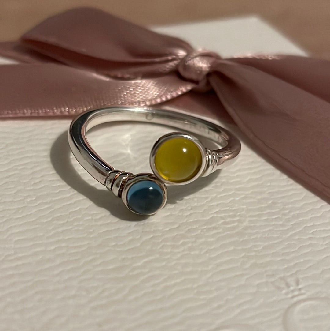 Genuine Links of London Sterling Silver Rare and Retired Yellow and Blue Ukraine Ring in Size 56 HTF