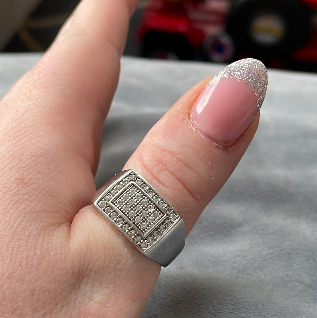 Sterling Silver Pave CZ Rectangle Statement Ring Size 64 Mens