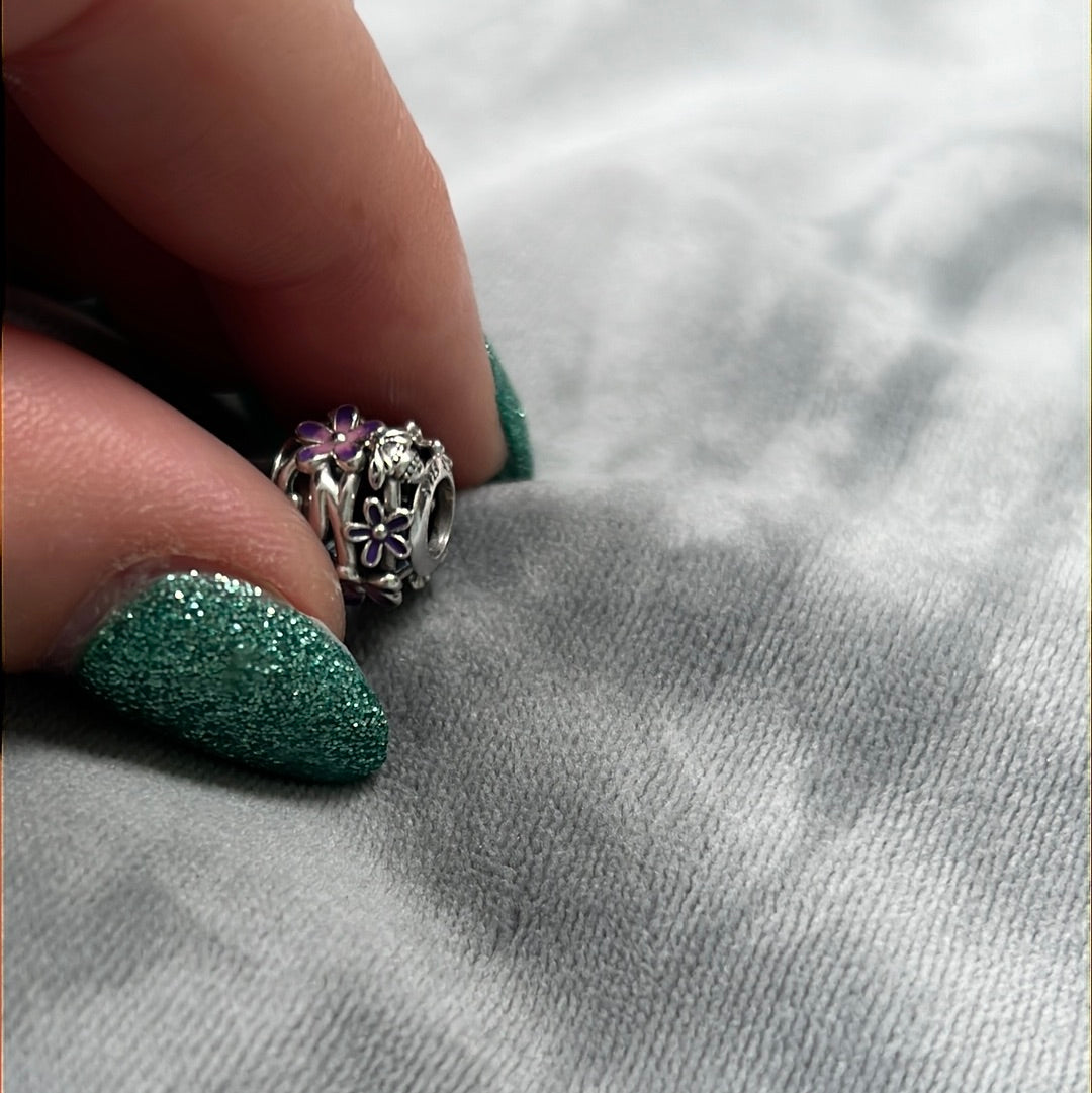 Genuine Pandora White/ Purple Enamel Flower Daisy Openwork Ladybird Bee Charm