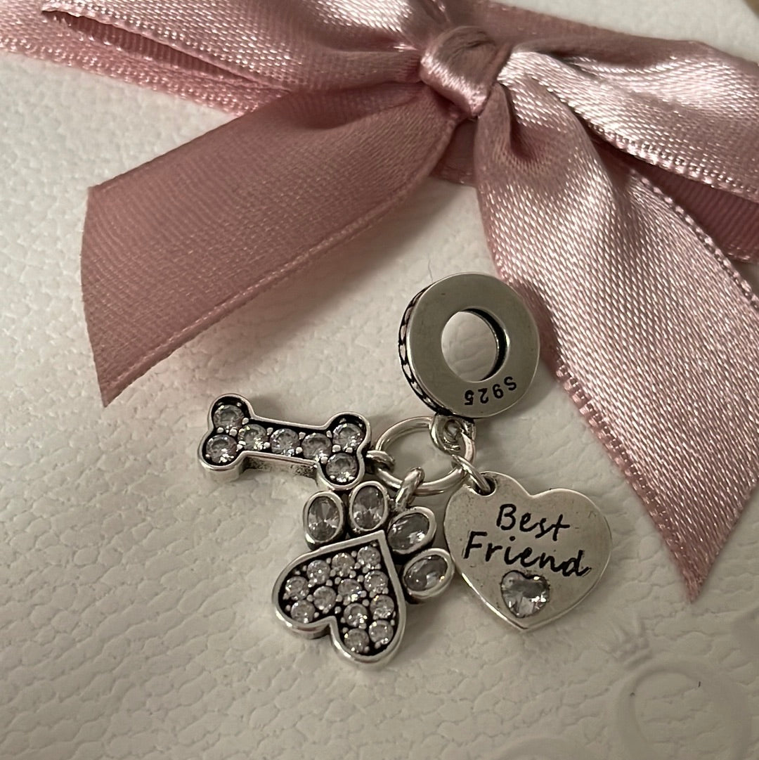 Sterling Silver Dog Pave Bone, Paw Print Best Friends Dangle Charm