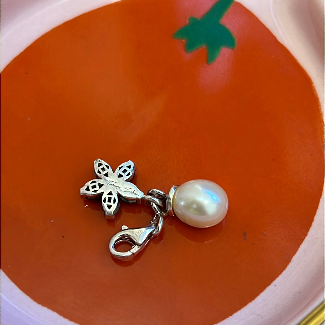 Genuine Thomas Sabo Sterling Silver Dangle Black Flower Glass and Pearl  Charm