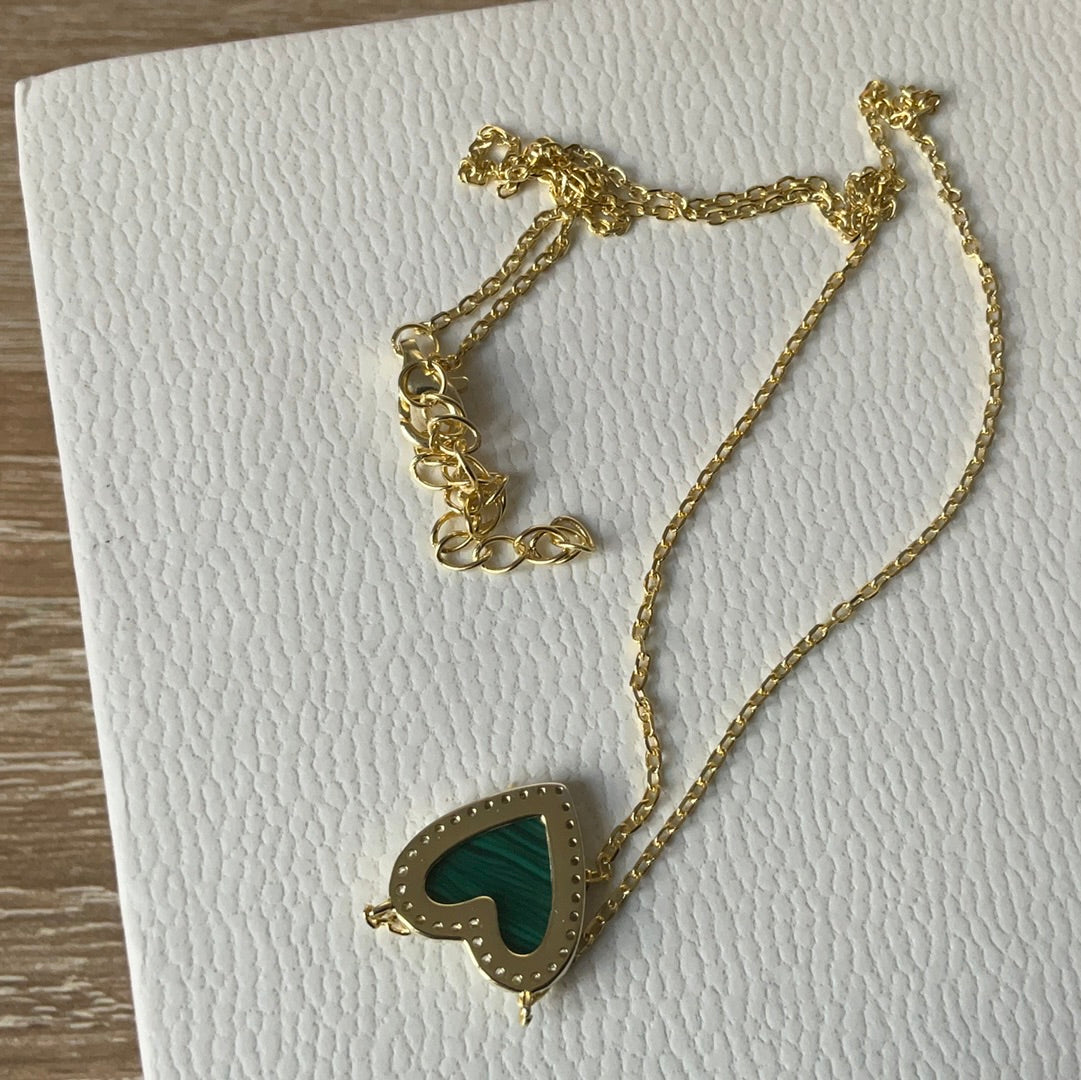 Brand New Pave & Green Stone Heart Sterling Silver Gold Plated Necklace 50cm
