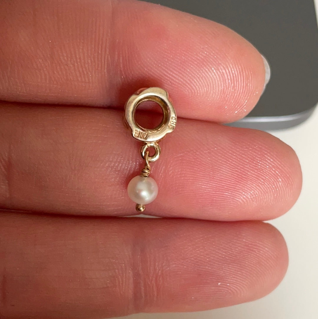 Genuine Pandora Solid 14ct Gold White Freshwater Pearl Dangle SUPER RARE HTF