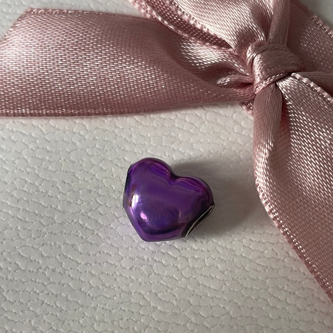 Genuine Pandora Purple Shiny Enamel Heart Charm with Slight Sparkle
