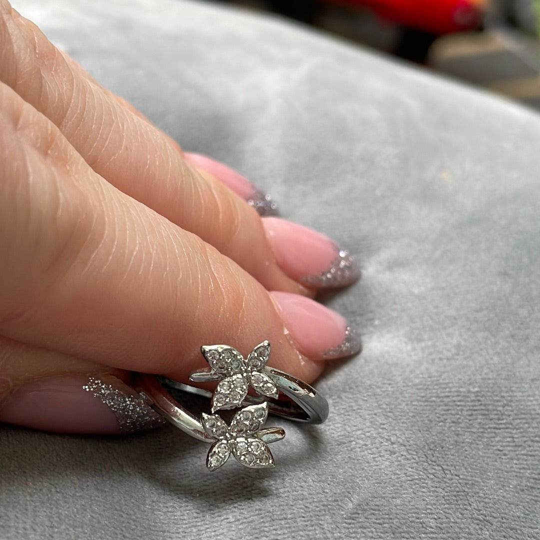 Sterling Silver Pave and CZ Butterfly Open Ring Size 56 (slightly adjustable)