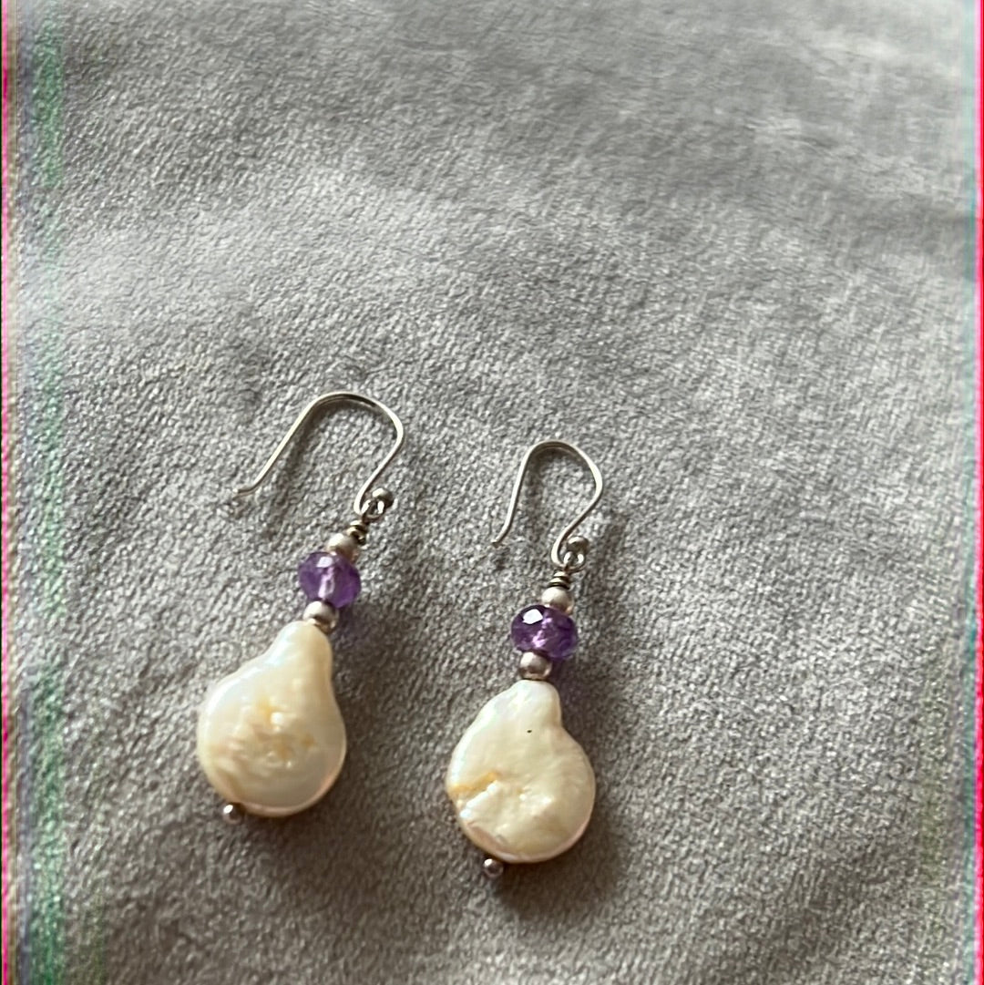 Silver Plated Dangle Earrings with Baroque Freshwater Pearls and Purple Stone