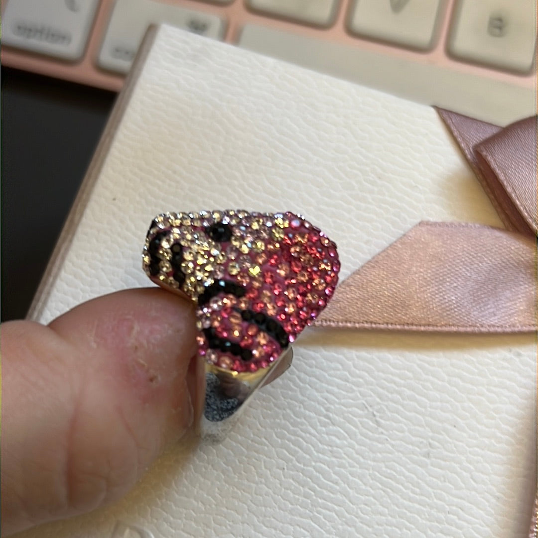 Sterling Silver Pink and Clear Pave Leopard Tiger Head Ring 52