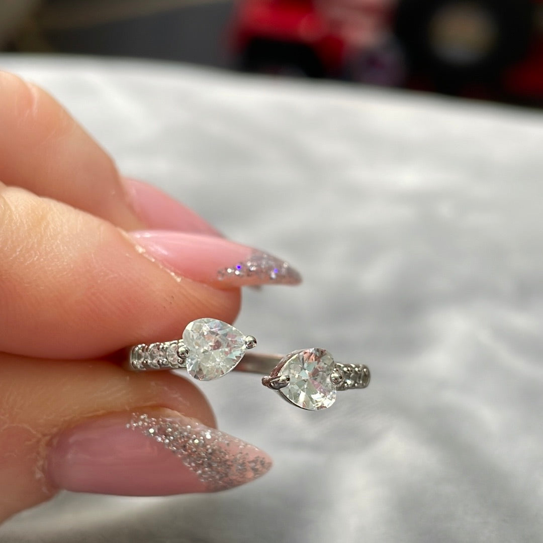 Sterling Silver Pave and CZ Heart Open Ring Size 54 (slightly adjustable)