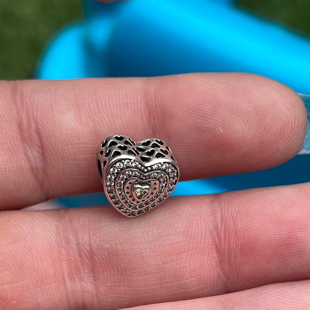 Genuine Pandora Pave Levelled Heart With Gold CZ Charm