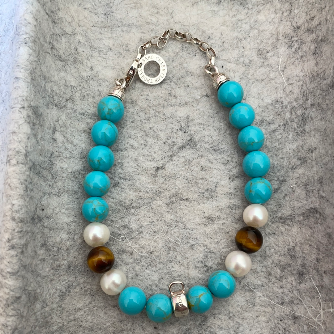 Thomas Sabo Sterling Silver Charm Clasp Stone Bracelet Brown, Pearl and Turquoise Stones Medium 19cm