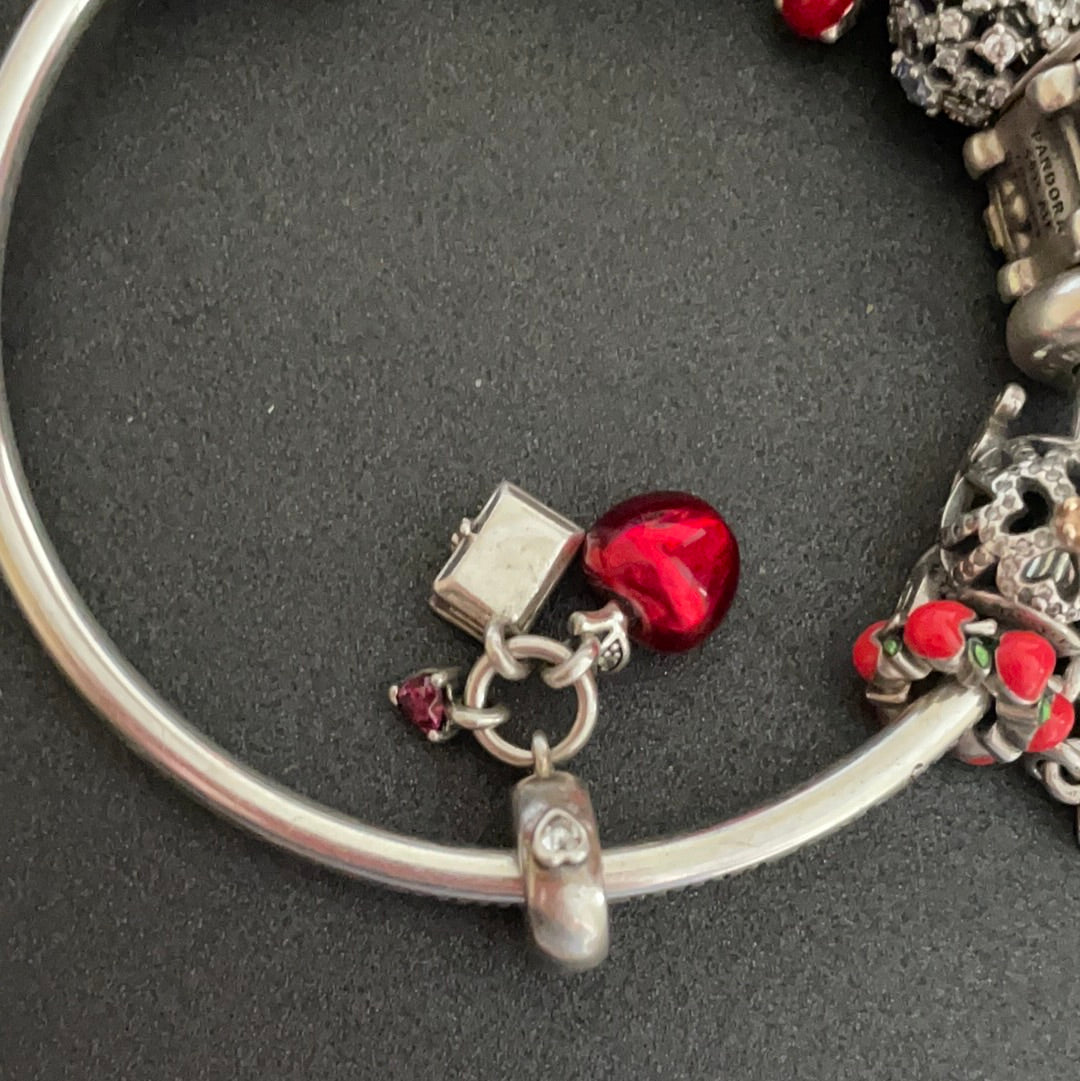 Genuine Pandora Disney Snow White Enamel Apple Coffin CZ Heart Dangle Charm