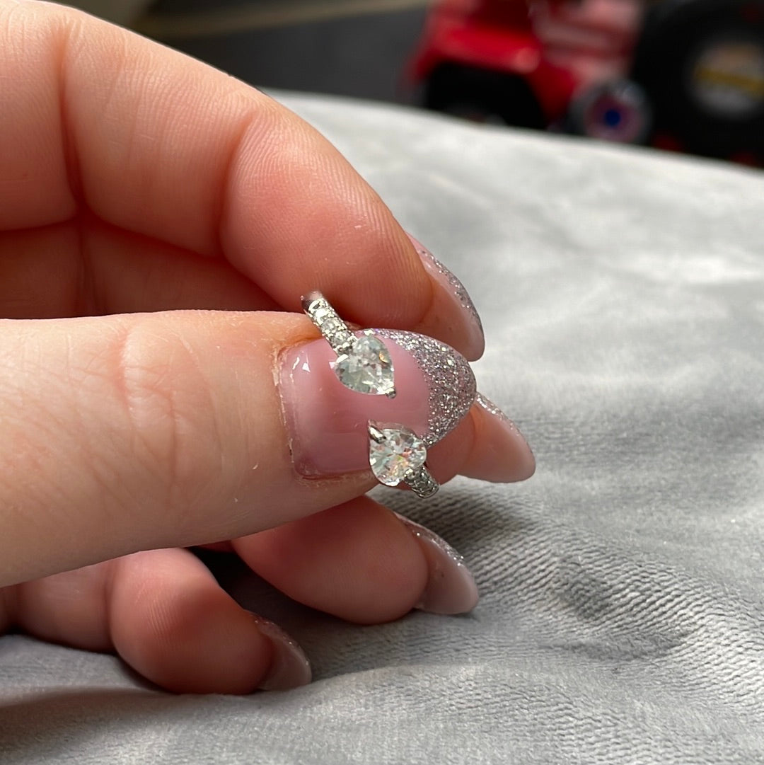 Sterling Silver Pave and CZ Heart Open Ring Size 54 (slightly adjustable)