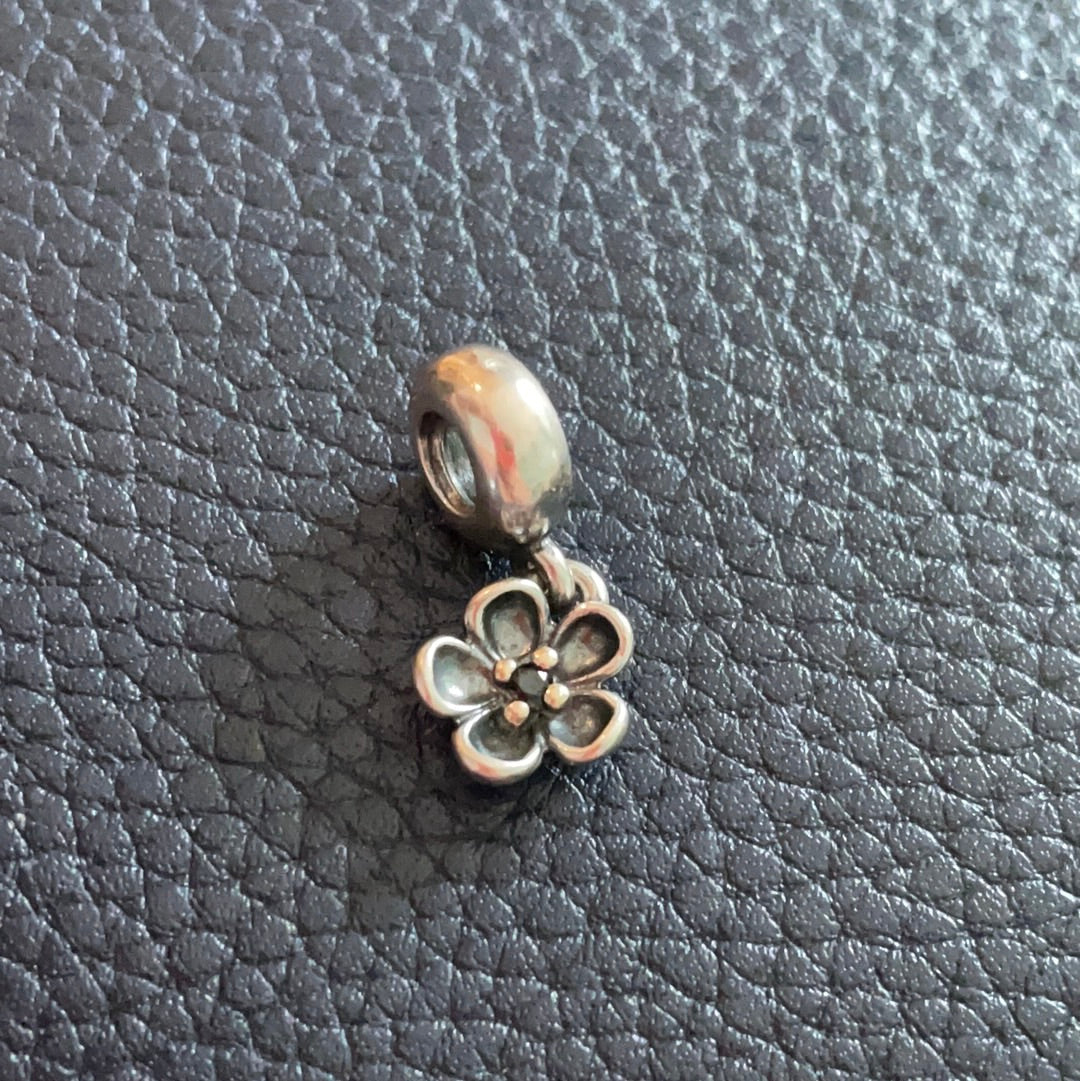 Genuine Pandora Gold And Silver Oxidised Viola Dangle Charm Black Spinel Flower