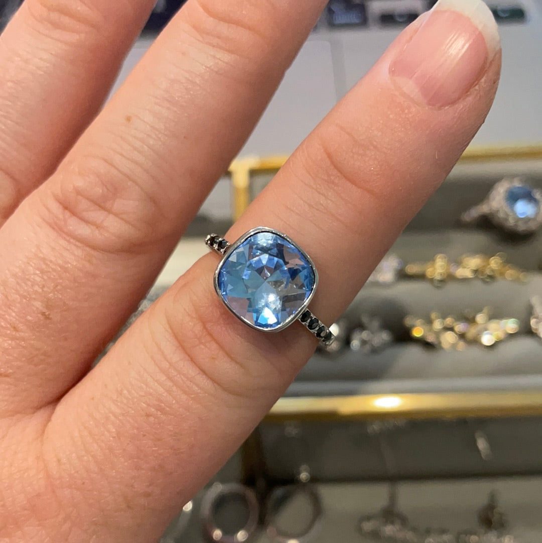Brand New Sterling Silver Large Baby Blue Square Stone With Navy Pave Band Size 56