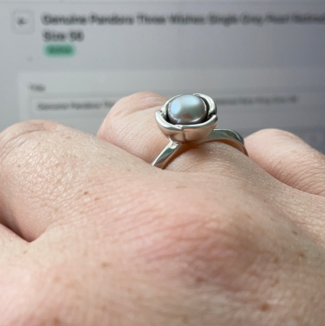 Genuine Pandora Three Wishes Single Grey Pearl Retired Rare Ring Size 57