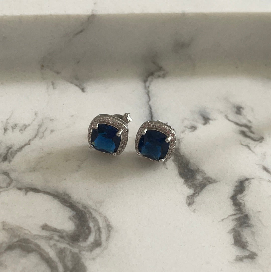 Brand New Sterling Silver CZ Blue Large Stone Pave Studs Beautiful