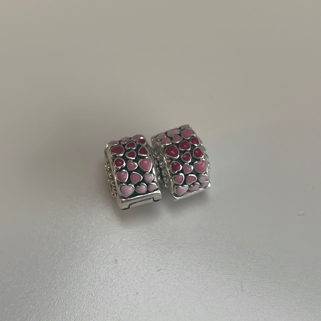 Genuine Pandora Light Pink and Red Enamel Hearts Clips x1