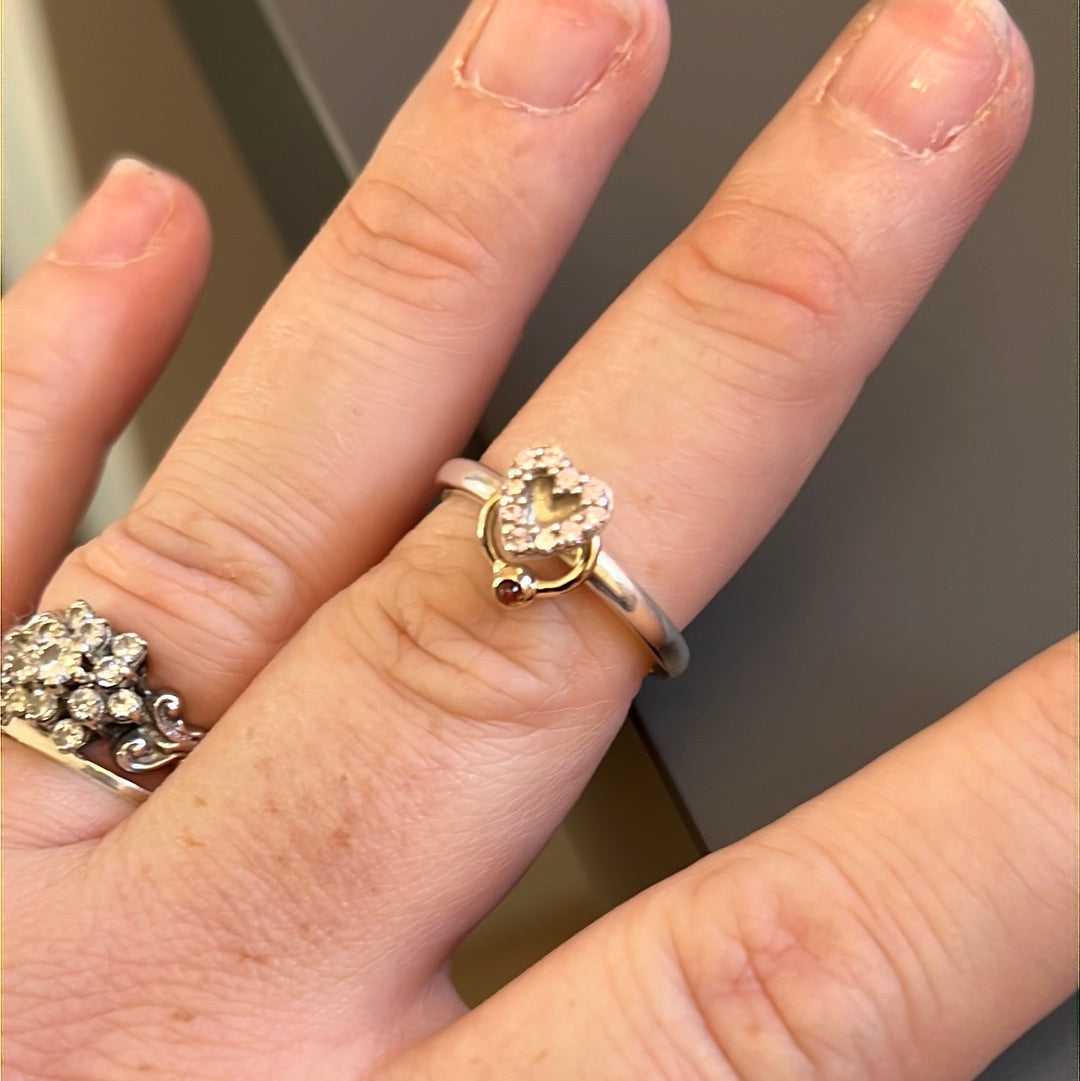 Genuine Pandora Rare HTF Two Tone Rhodolite Gold Hoop Pink CZ Heart Ring 56