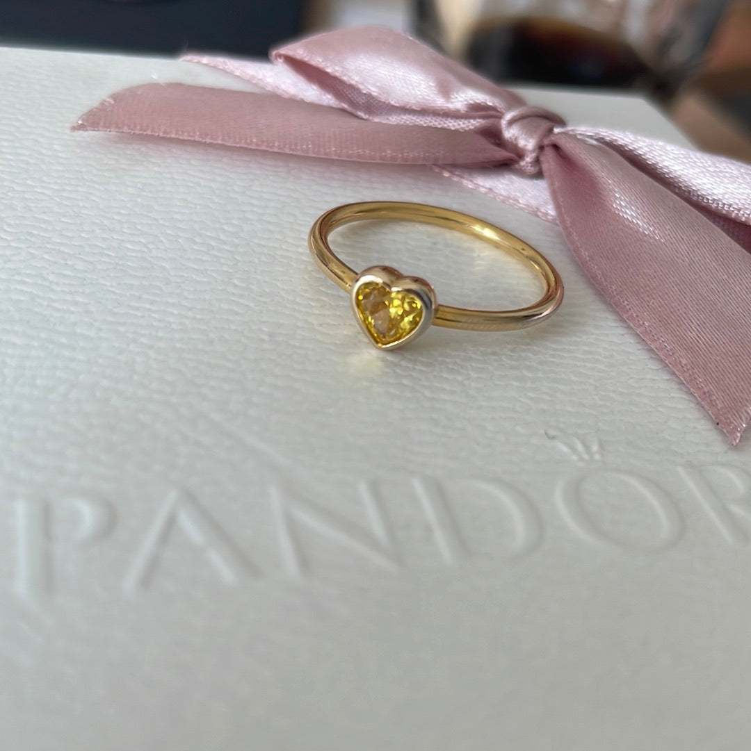 Genuine Pandora Shine Gold Amber Stone Heart Ring 58