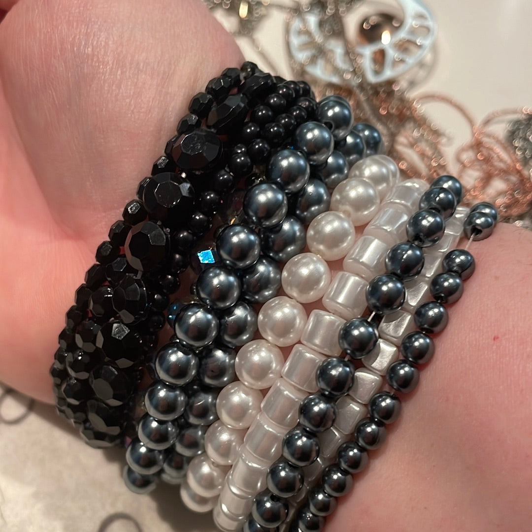 Stack of Silver, Black, Grey and Pearl Beads Bracelets x14