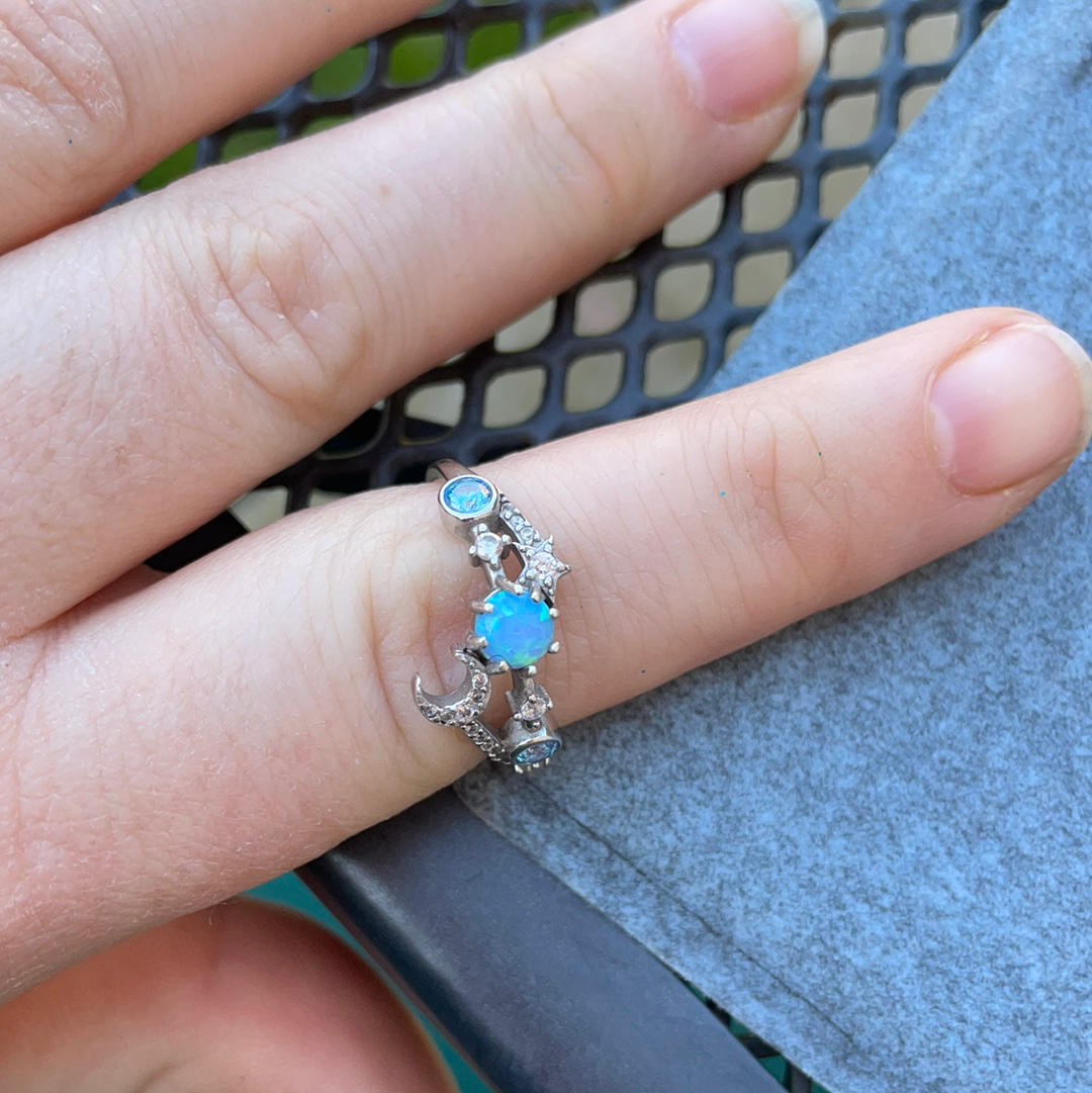 Unbranded But Beautiful Opal Stone Ring With Moon and Star Clear and Blue CZ Size 58