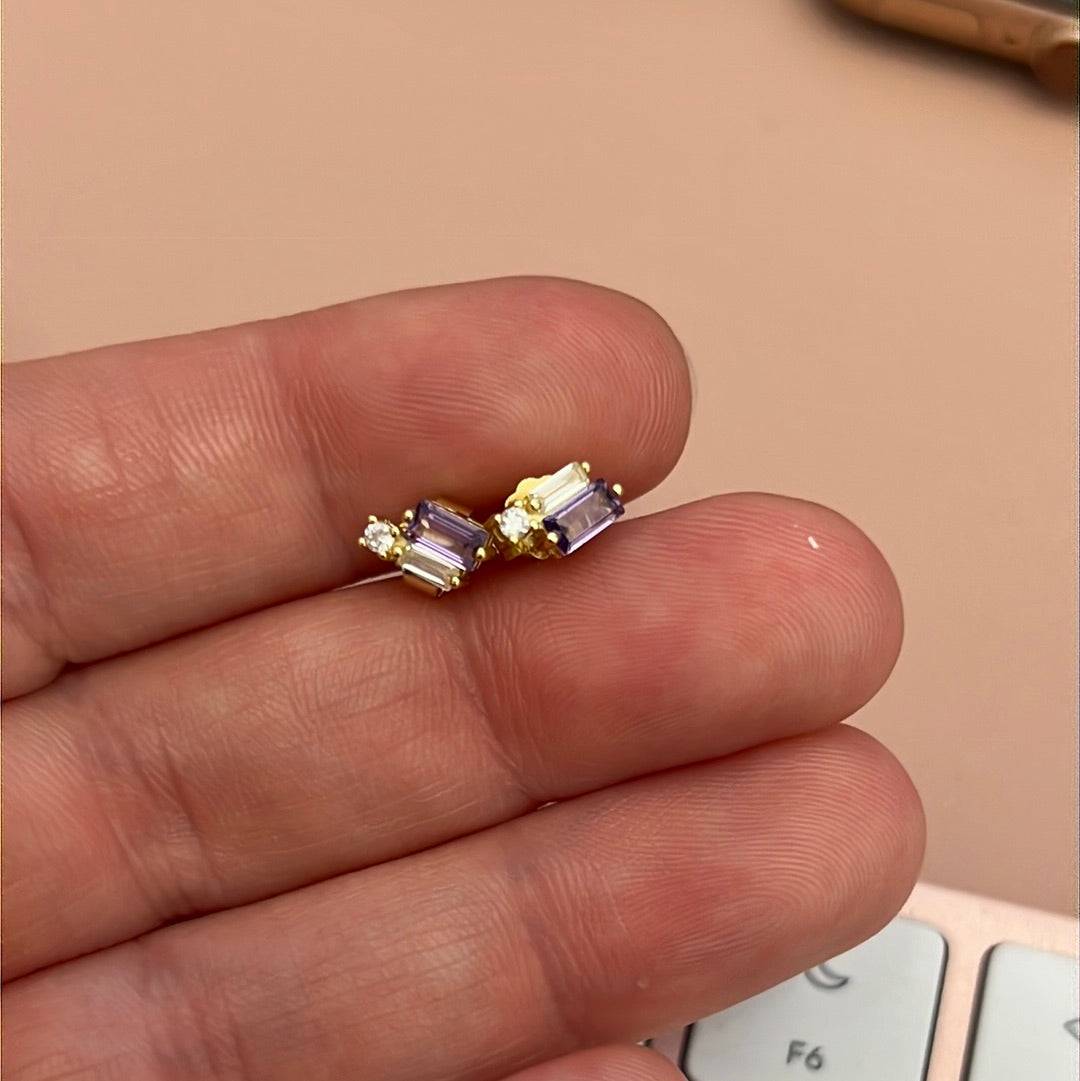 Sterling Silver Gold Plated Earrings Vivid Lilac and Clear Stone Beautiful