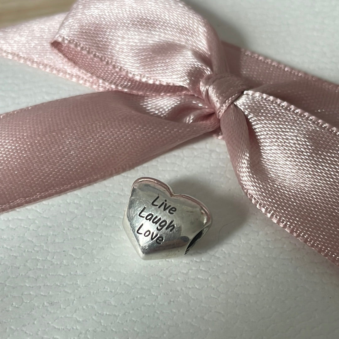 Genuine Pandora Silver Puffed Heart Charm With 'Live, Laugh, Love’ Wording
