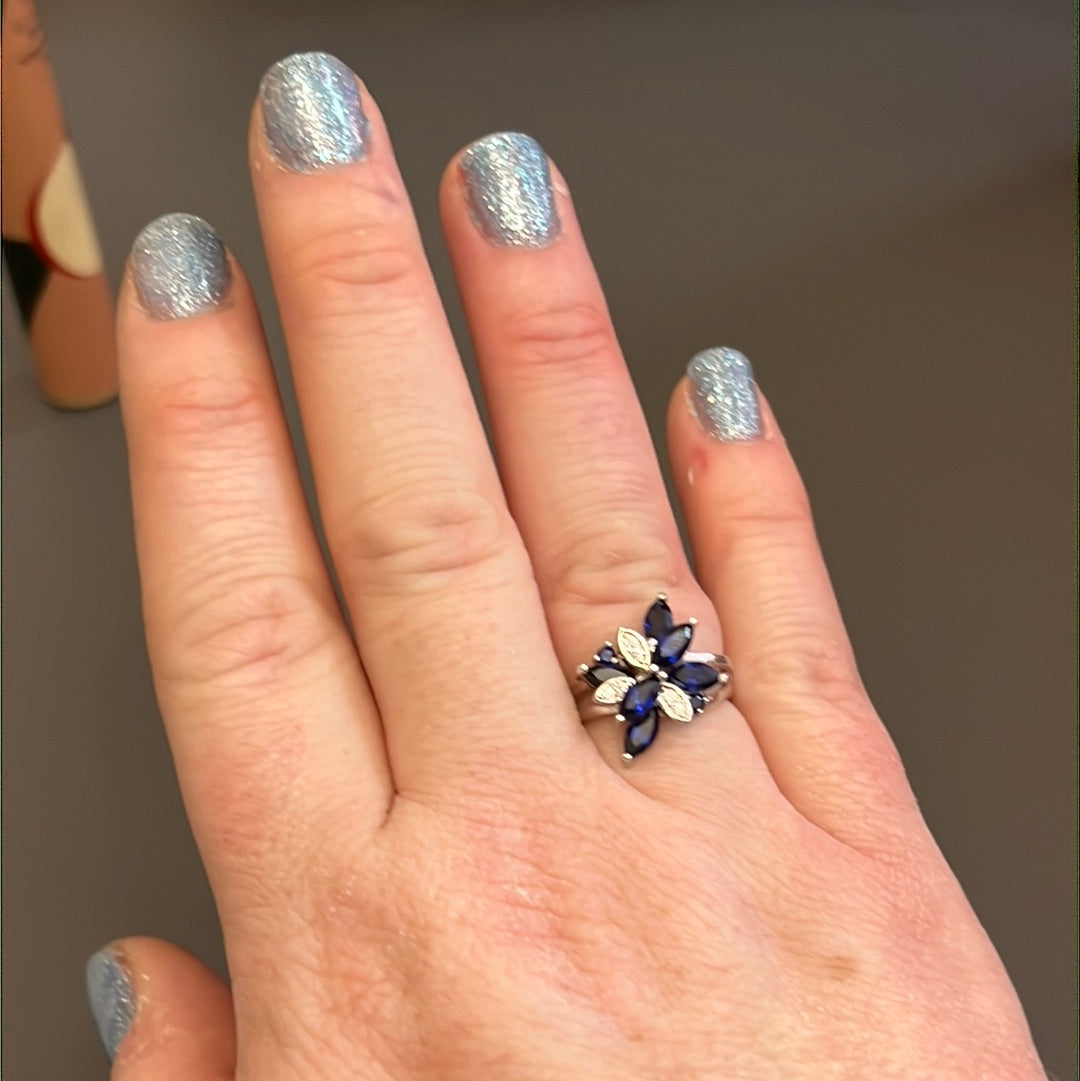 Sterling Silver Pave CZ Blue Bunch of Flowers Ring Size 56