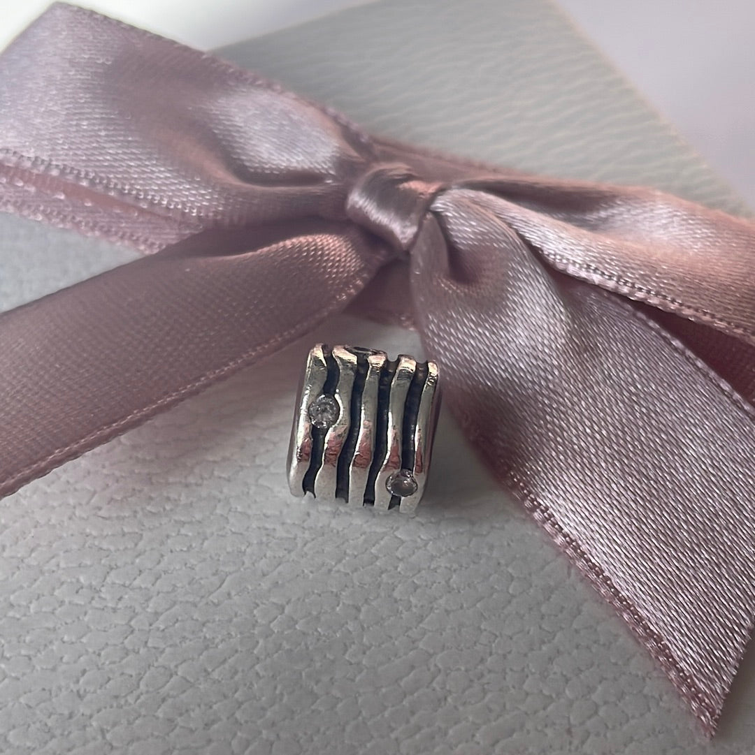 Genuine Pandora Wavy Line Oxidised Cz Clear Stone Barrel Charm