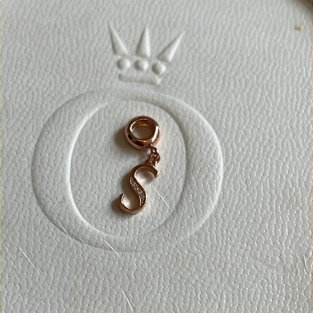 sterling Silver Rose Gold Plated Pave Dangle Letter S Charm