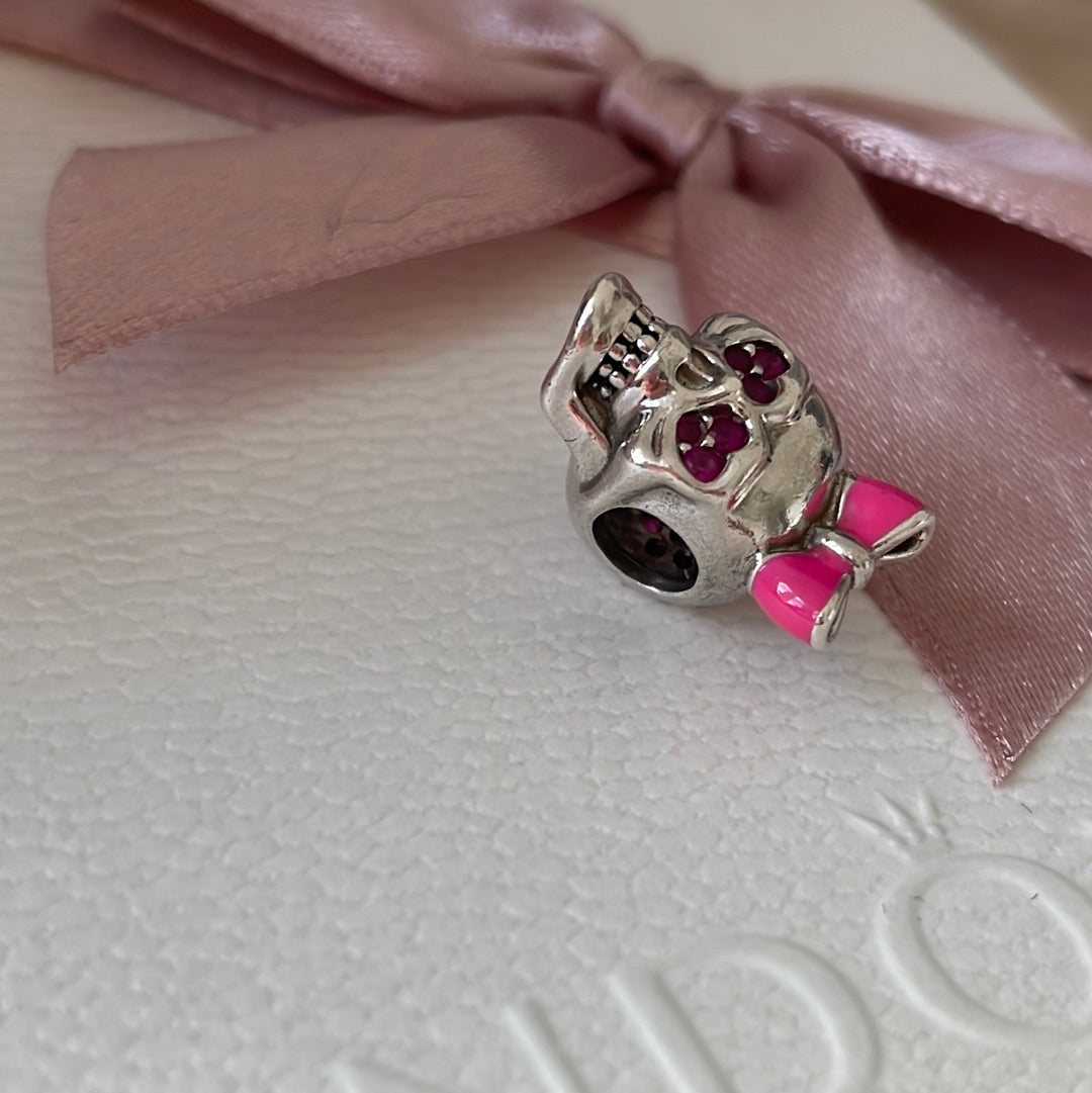 Sterling Silver Skull Charm With Enamel Bow