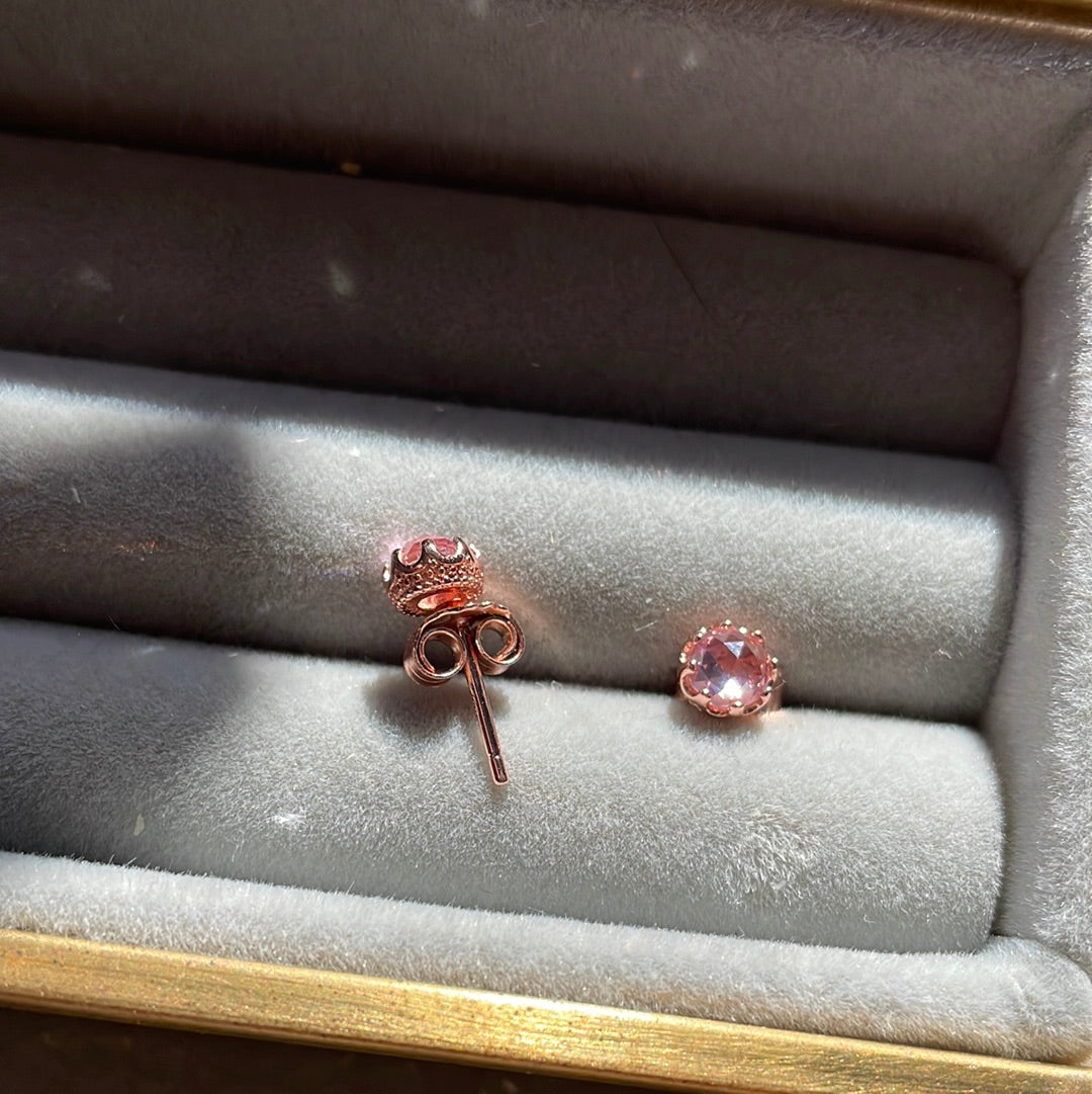 Unbranded Sterling Silver Rose Gold Pink Stone Tiara Crown Stud Earrings