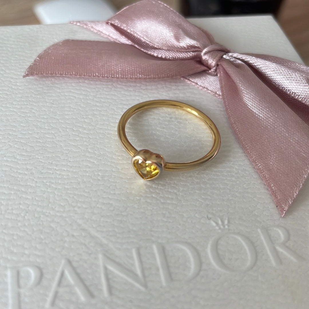 Genuine Pandora Shine Gold Amber Stone Heart Ring 58