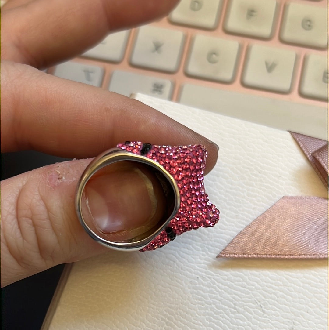 Sterling Silver Pink and Clear Pave Leopard Tiger Head Ring 52