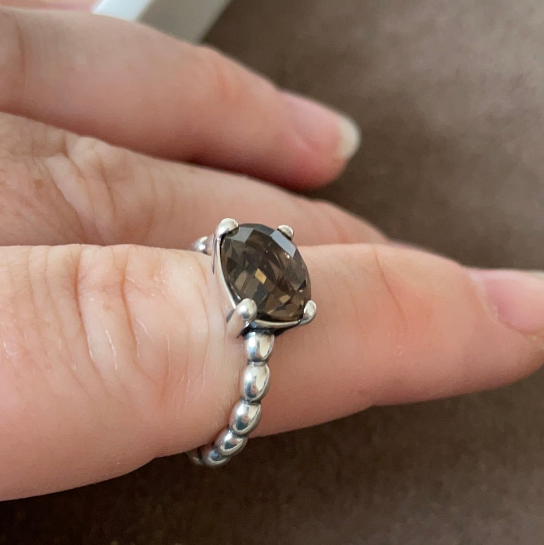 Genuine Pandora RARE HTF Brown Smoky Brown Stone Beaded Band Ring Size 54