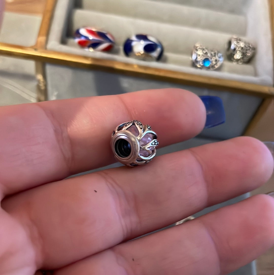 Genuine Pandora Pink Faceted Murano Encased in Nature Leaf Pave Leaves Glass Silver Charm