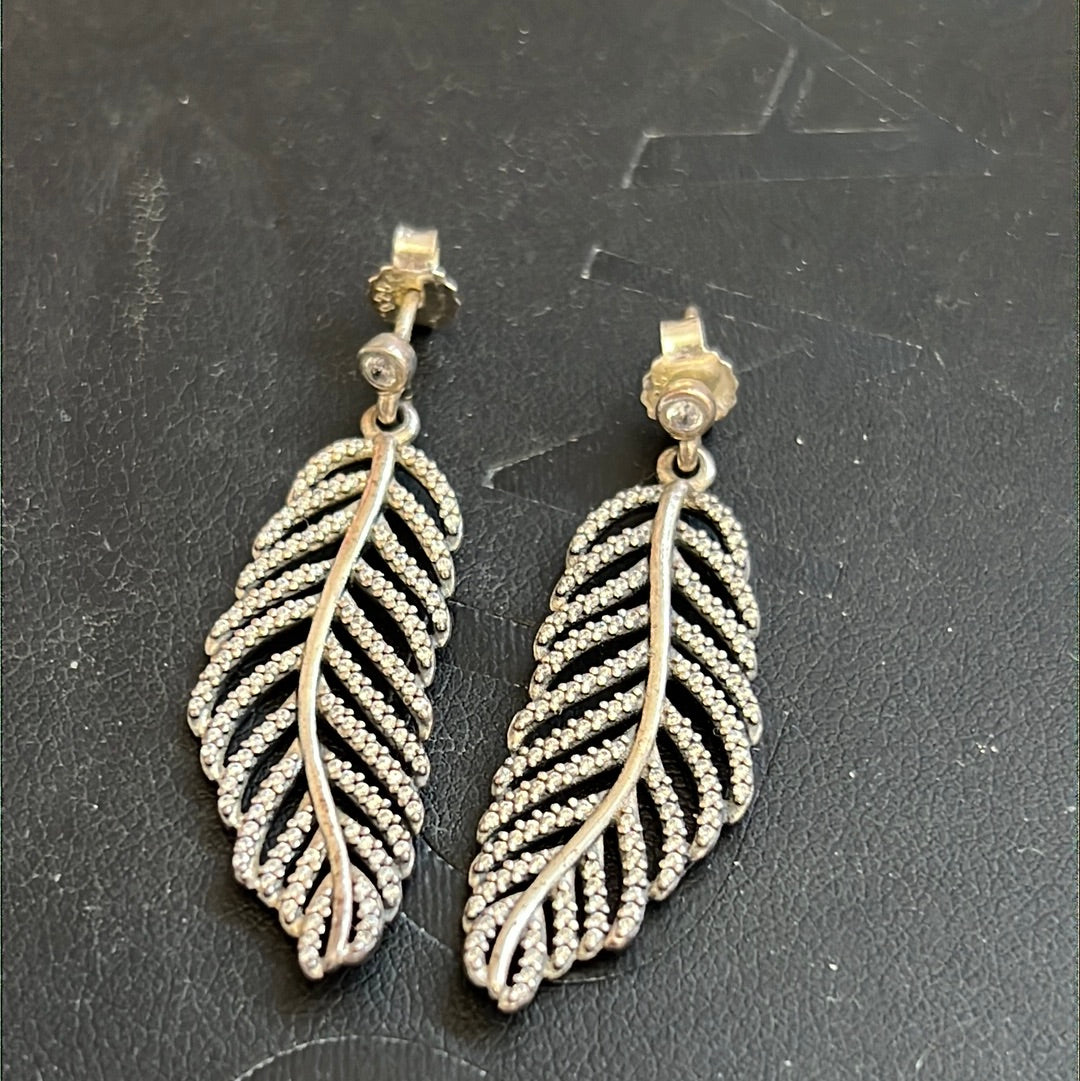 Genuine Pandora Pave Dazzling Dangling Feather leaf Earrings Studs