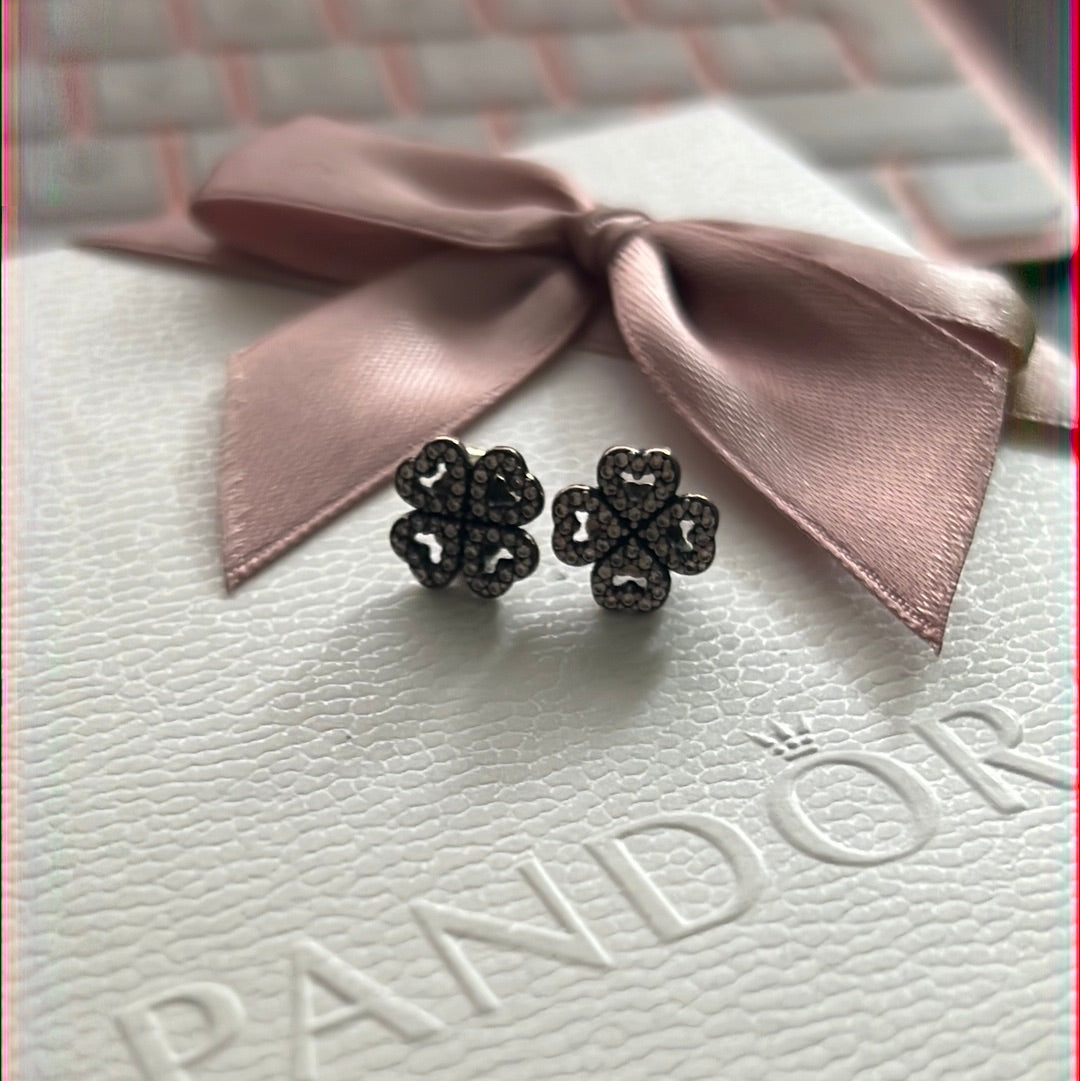 Genuine Pandora Clover Heart Flower Pave Earrings