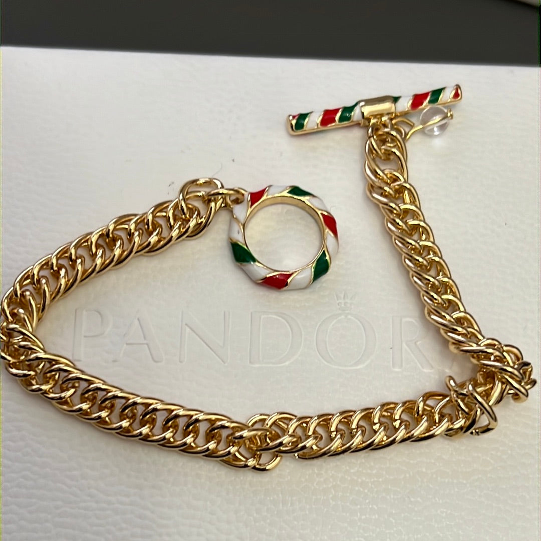 Sterling Silver Gold Plated Bracelet 19cm Enamel T Clasp Candy Cane