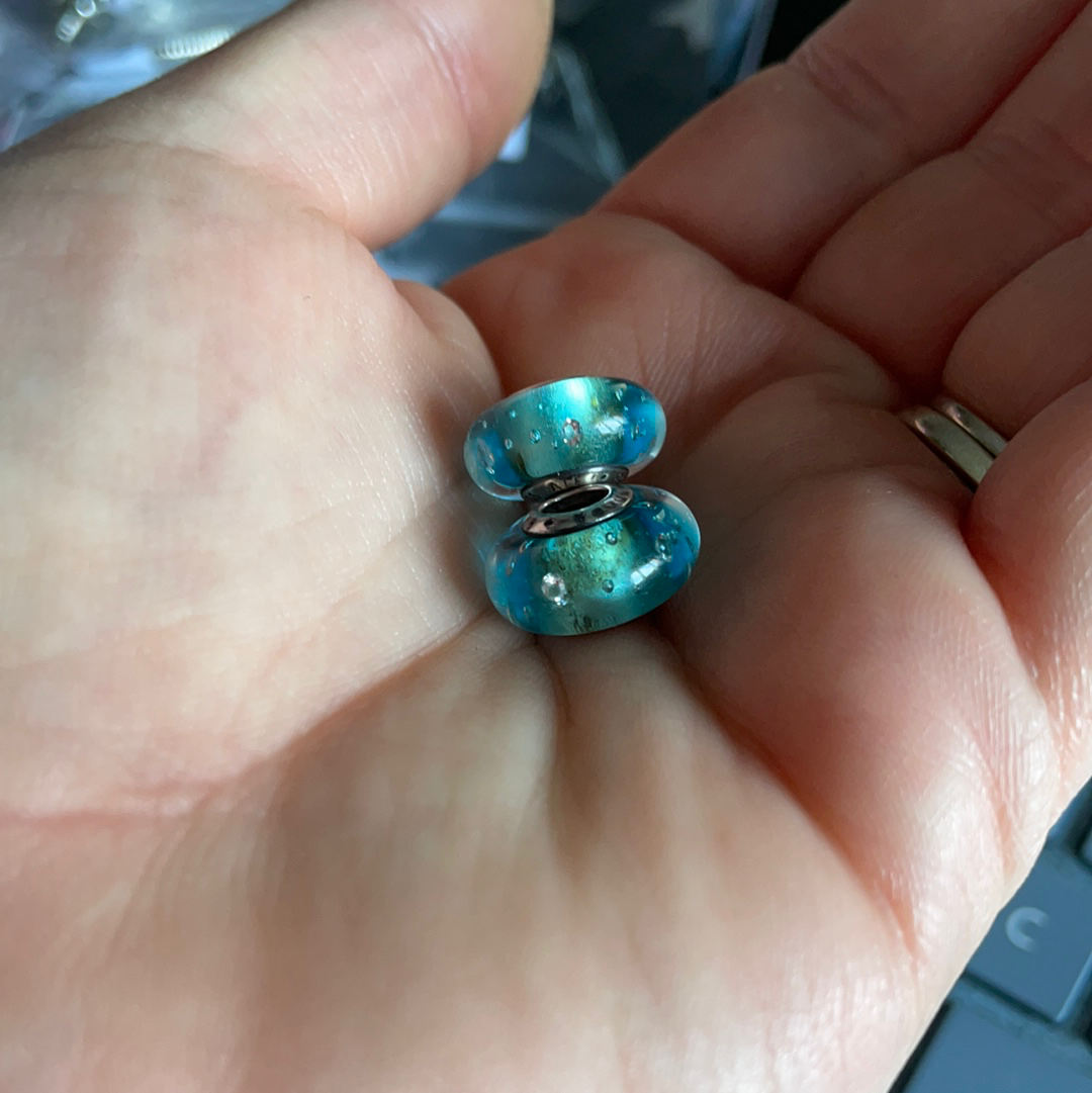 Pandora (?) PLEASE READ Faceted Murano Blue Turquoise With Bubbles Charm x2