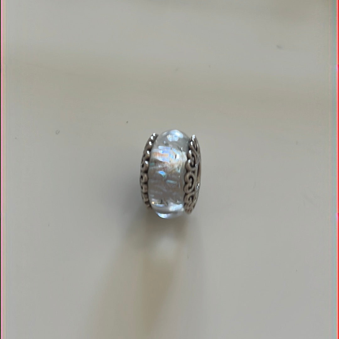 Genuine Pandora Silver Iridescent Glitter White Murano Charm