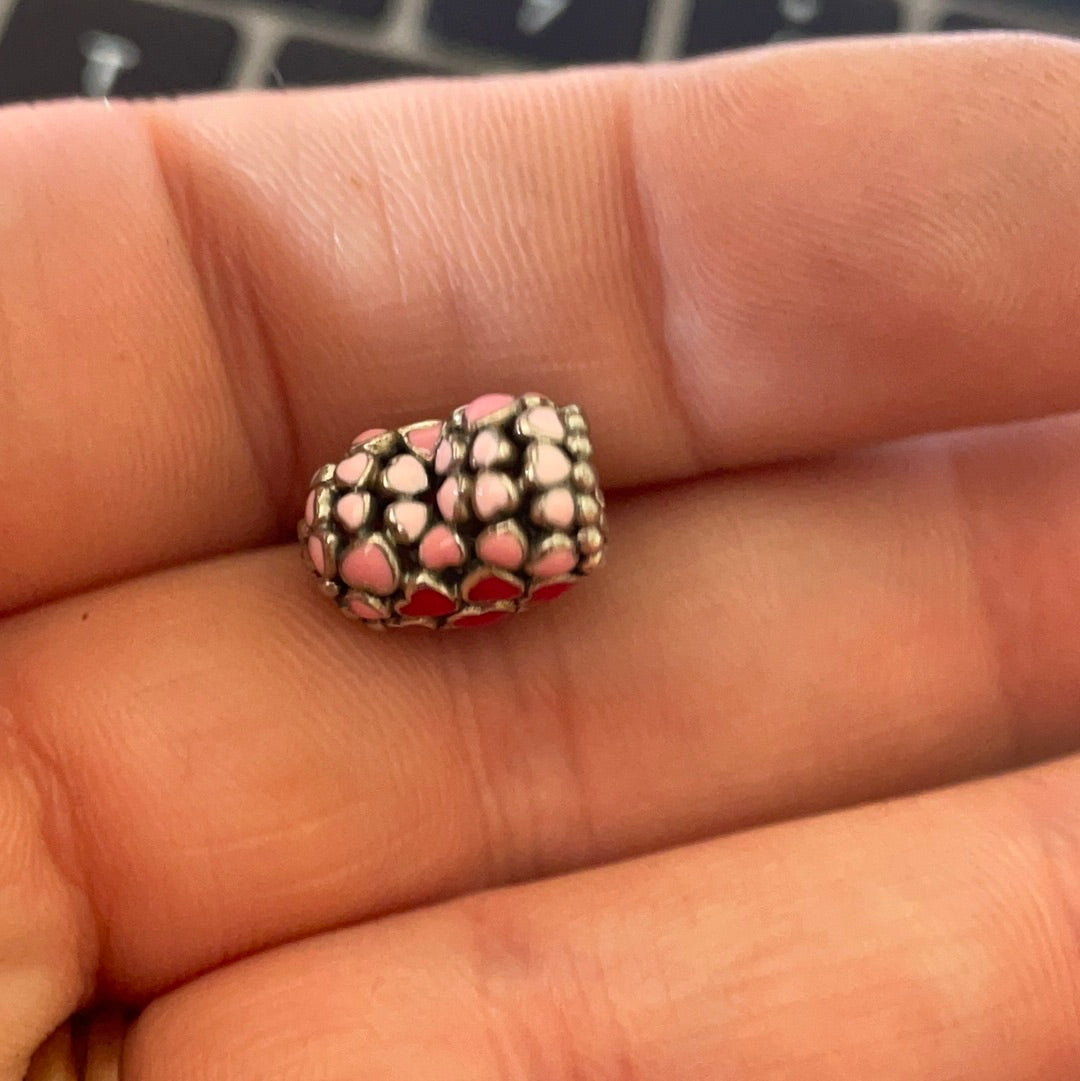 Genuine Pandora Light Pink and Red Enamel Hearts on an Openwork Heart Charm
