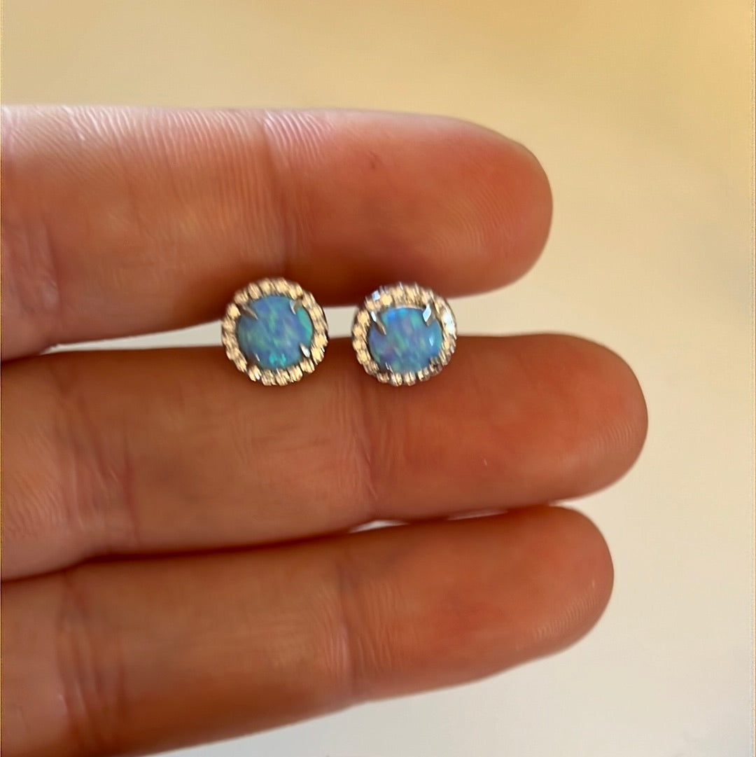 Sterling Silver Beautiful Blue Opal and CZ Earrings